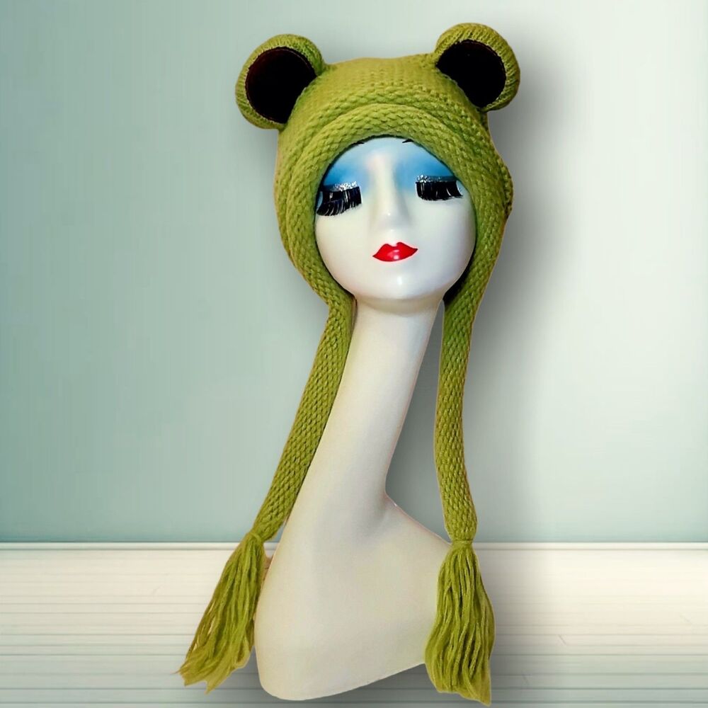 Y2K Chunky Knit Frog Beanie Hat Long Tassels Fairy Grunge Cute Earflap Cap